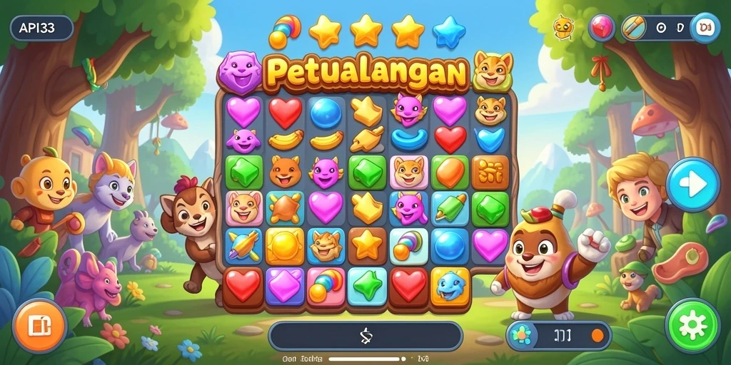 Screenshot gameplay seru dari API33 yang menampilkan level Match-3.