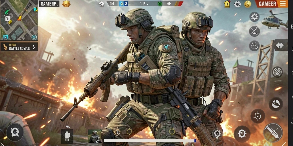 Screenshot gameplay GAMERP menunjukkan aksi seru di medan perang Battle Royale.