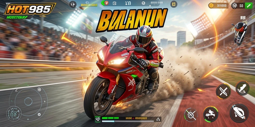 Tangkapan layar HOT985 menampilkan aksi balapan motor yang seru.