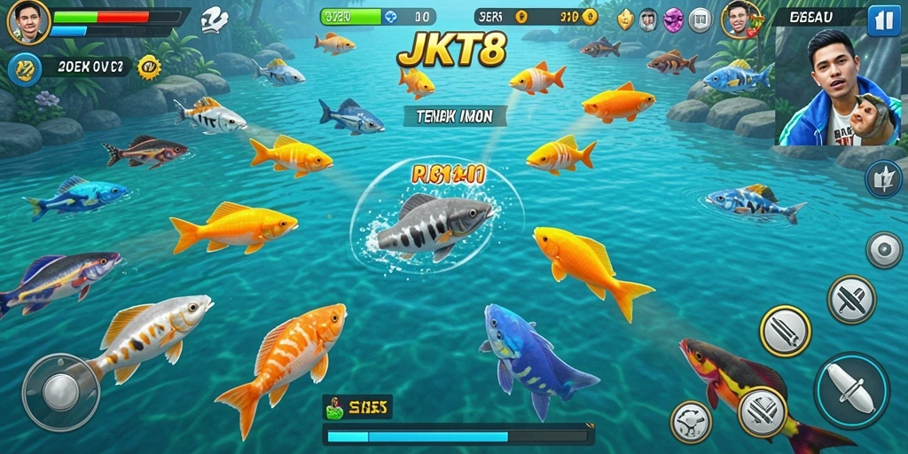 Screenshot utama JKT8 menampilkan gameplay Tembak Ikan yang seru.