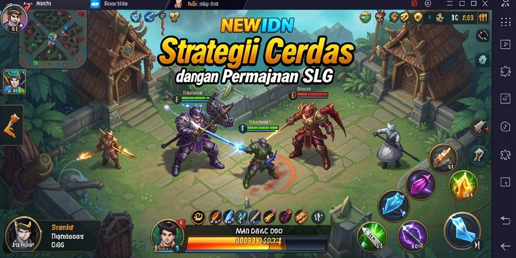 Tangkapan layar gameplay NEWIDN menampilkan pertempuran epik dan pembangunan strategis.