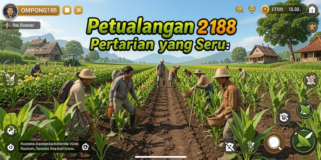Tampilan gameplay seru di OMPONG188 dengan aktivitas bertani yang menarik.