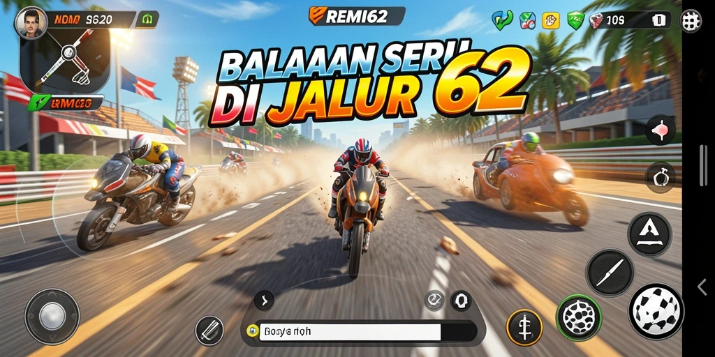 Screenshot gameplay REMI62 menunjukkan aksi balapan yang mendebarkan.