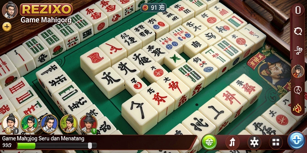 Tampilan gameplay <strong>REZIXO</strong> dengan ubin Mahjong warna-warni yang menarik.