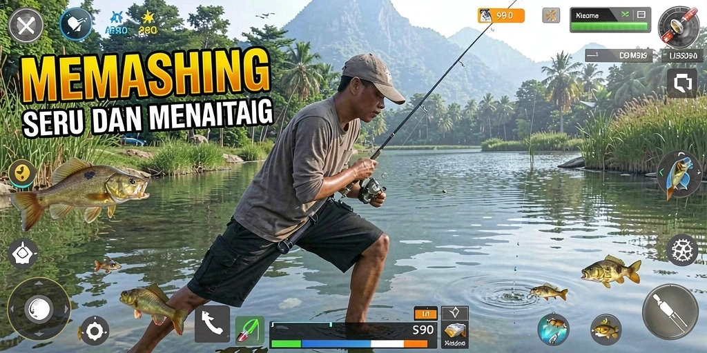 Screenshot gameplay S80 menampilkan momen seru saat memancing.